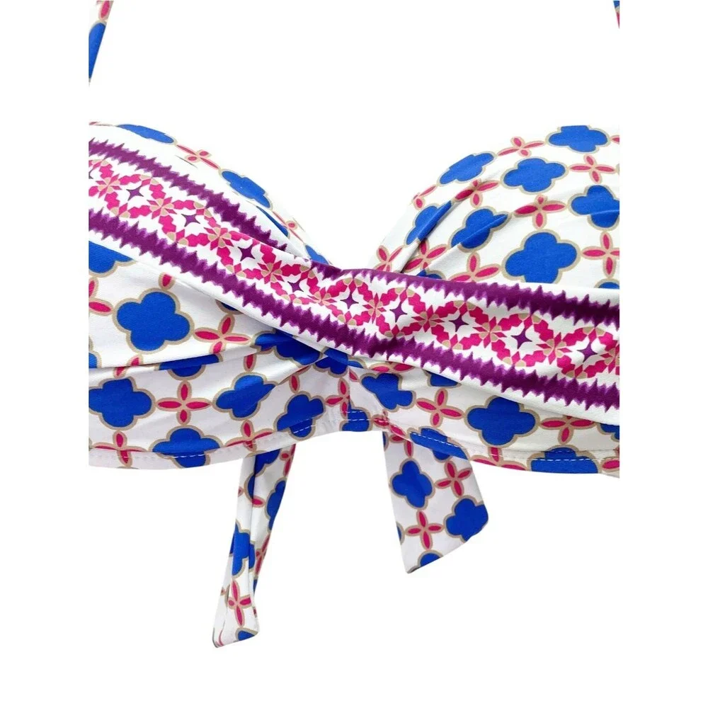 NWT La Blanca Bikini Top Size 4 Blue Pink Red Geo Halter Bandeau Twist Tie Back